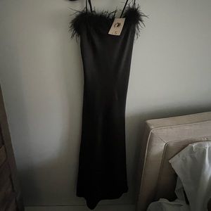 NWT formal black satin feather dress